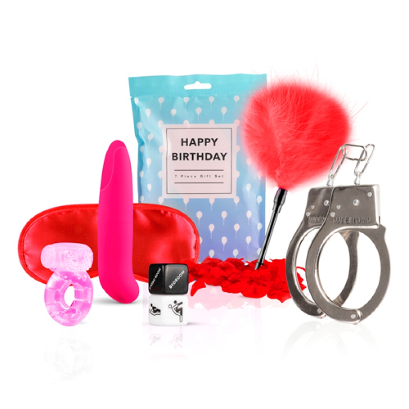 Набор для пар LoveBoxxx - Congratulations в комплекте с наручниками, щекоталкой с пером, пластиковым кубиком, кольцом на пенис, маской на глаза