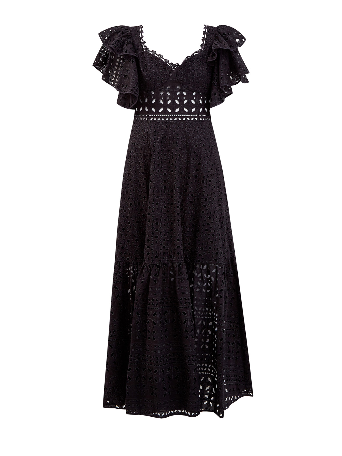 Кружевное платье-макси с широким поясом и оборками