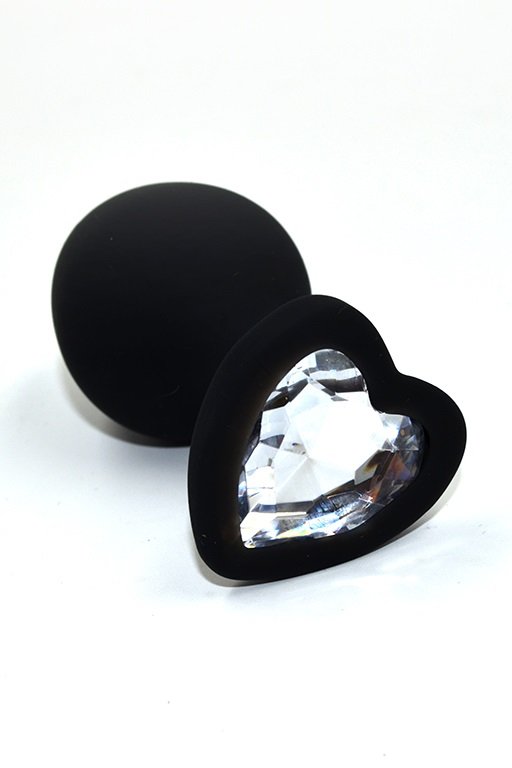 Черная анальная пробка из силикона с прозрачным кристаллом в форме сердца (Medium) Kanikule