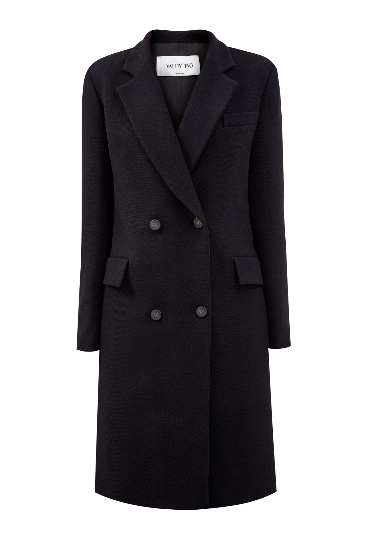 Двубортное пальто из шерстяной ткани с приталенным силуэтом