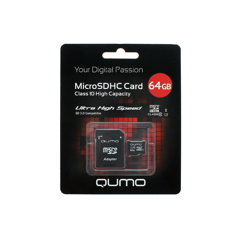 Карта памяти QUMO MicroSDXC cl10 UHS-I U1 3.0 64ГБ с адаптером