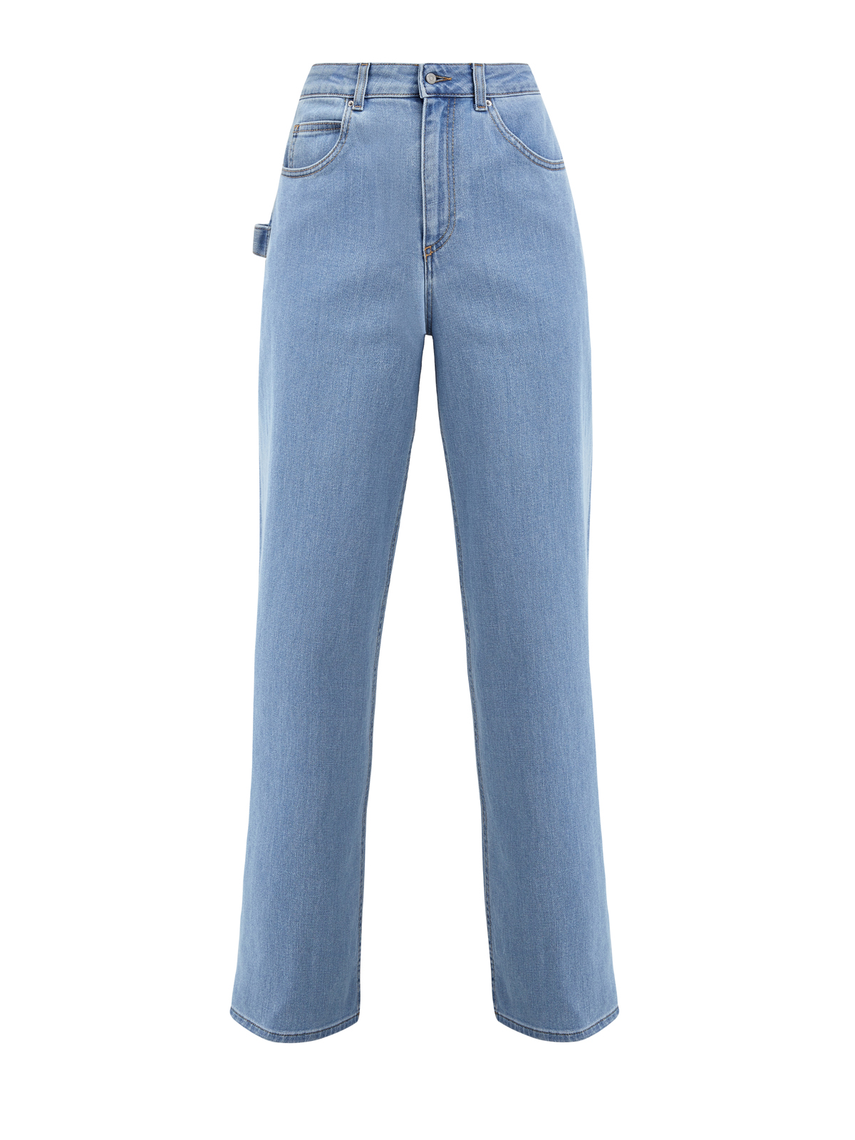 Удлиненные джинсы-клеш с контрастной прострочкой